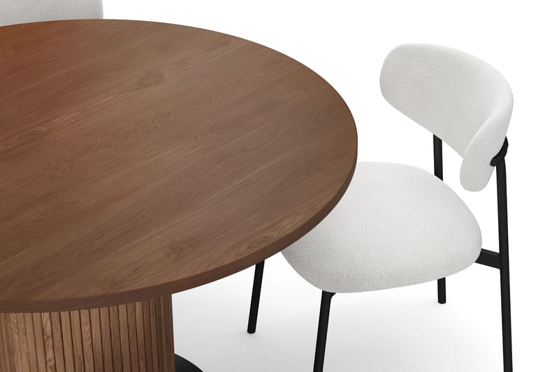 Noira Rundt Lite Spisebord Massiv Valnøtt 120 cm med 4 Lucy Spisestoler - Brun / Hvit Bouclé / Metallben Svart - Møbler - Bord - Spisegrupper