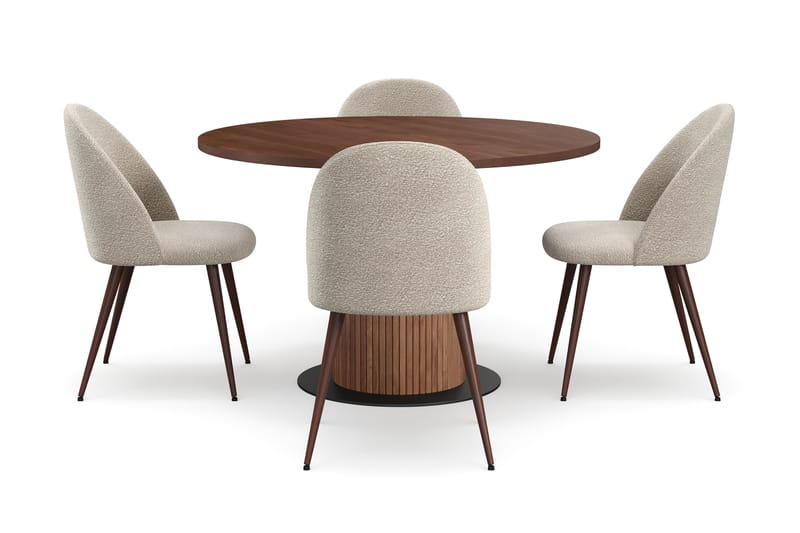 Noira Rundt Lite Spisebord Massiv Valnøtt 120 cm med 4 Nibe Plus Spisestoler - Brun / Greige Bouclé / Metallben Valnøtt - Møbler - Bord - Spisegrupper
