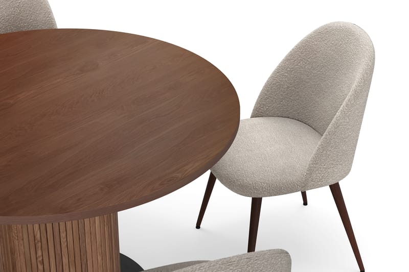 Noira Rundt Lite Spisebord Massiv Valnøtt 120 cm med 4 Nibe Plus Spisestoler - Brun / Greige Bouclé / Metallben Valnøtt - Møbler - Bord - Spisegrupper