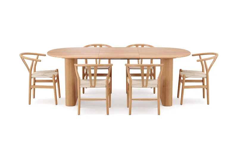 Noira spisegruppe, uttrekkbar 160–220 cm, eik med 6 Dastoori spisestoler - Eik - Møbler - Bord - Spisegrupper