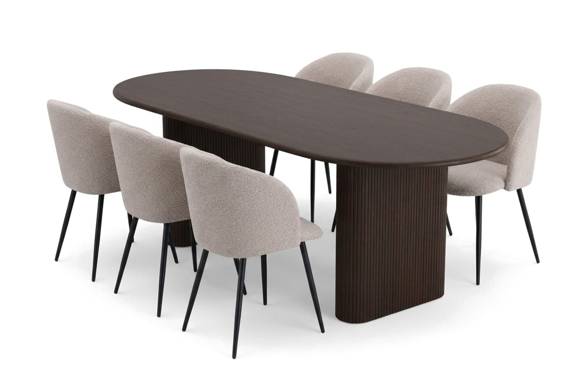 Noira spisegruppe, uttrekkbar 160–220 cm, med 6 Greya spisestoler - Røkt eik