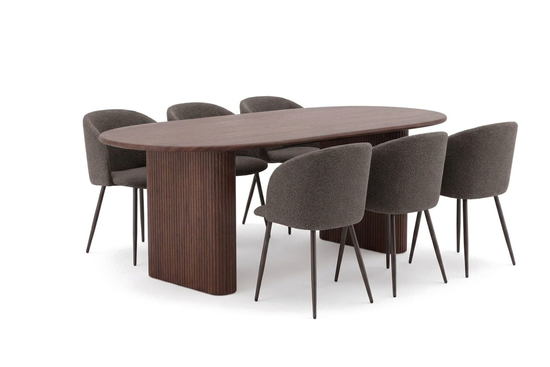 Noira spisegruppe, uttrekkbar 160–220 cm, med 6 Greya spisestoler - Valnøtt