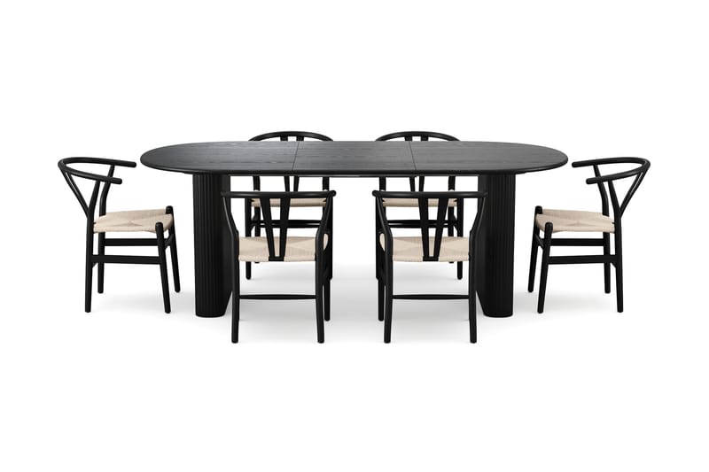 Noira spisegruppe, uttrekkbar 160–220 cm, svart med 6 Dastoori spisestoler - Svart - Møbler - Bord - Spisegrupper