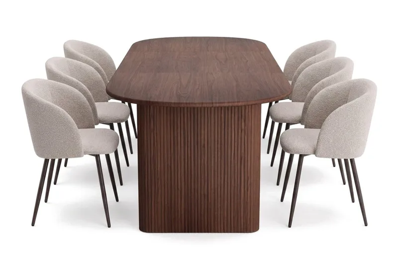Noira spisegruppe, uttrekkbar 220–320 cm, med 6 Greya spisestoler - Valnøtt - Møbler - Bord - Spisegrupper