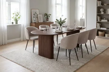 Noira spisegruppe, uttrekkbar 220–320 cm, med 6 Greya spisestoler - Valnøtt - Møbler - Bord - Spisegrupper