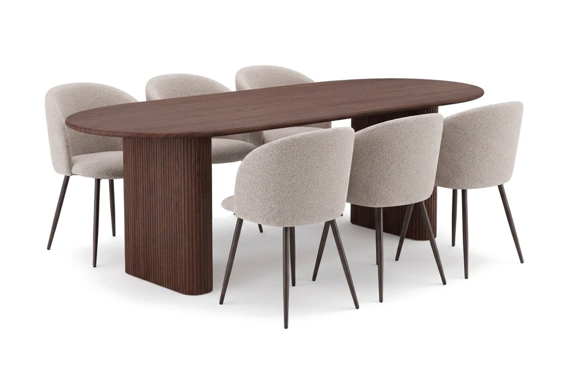 Noira spisegruppe, uttrekkbar 220–320 cm, med 6 Greya spisestoler - Valnøtt