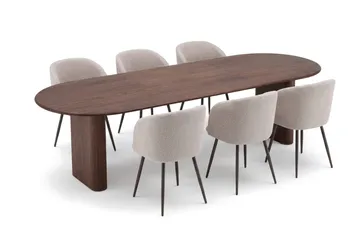 Noira spisegruppe, uttrekkbar 220–320 cm, med 6 Greya spisestoler - Valnøtt - Møbler - Bord - Spisegrupper