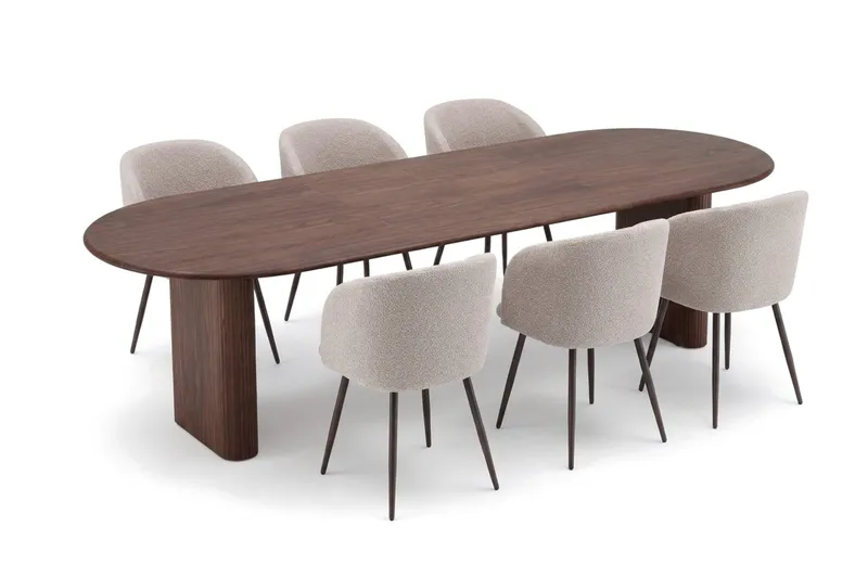 Noira spisegruppe, uttrekkbar 220–320 cm, med 6 Greya spisestoler - Valnøtt - Møbler - Bord - Spisegrupper