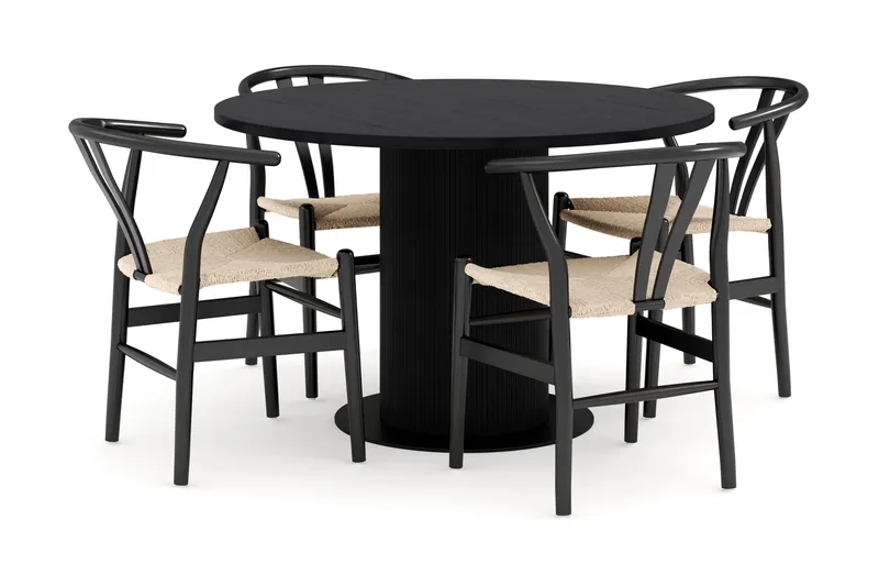 Noira Spisegruppe 120 cm Eik Rundt med 4 Dastoori Spisestoler, Svart