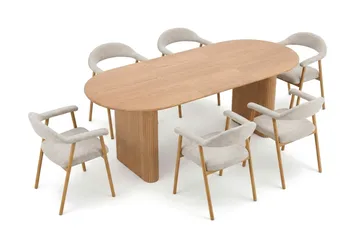 Noira spisegruppe 160–220 cm uttrekkbar i eik med 6 Ronja spisestoler - Eik - Møbler - Bord - Spisegrupper