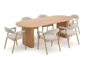 Noira spisegruppe 160–220 cm uttrekkbar i eik med 6 Ronja spisestoler - Eik - Møbler - Bord - Spisegrupper