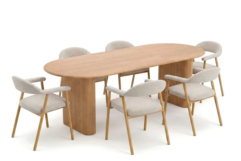 Noira spisegruppe 160–220 cm uttrekkbar i eik med 6 Ronja spisestoler, Eik