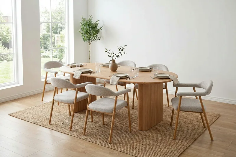 Noira spisegruppe 160–220 cm uttrekkbar i eik med 6 Ronja spisestoler - Sand/eik - Møbler - Bord - Spisegrupper