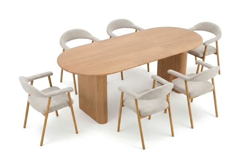 Noira spisegruppe 160–220 cm uttrekkbar i eik med 6 Ronja spisestoler - Sand/eik - Møbler - Bord - Spisegrupper