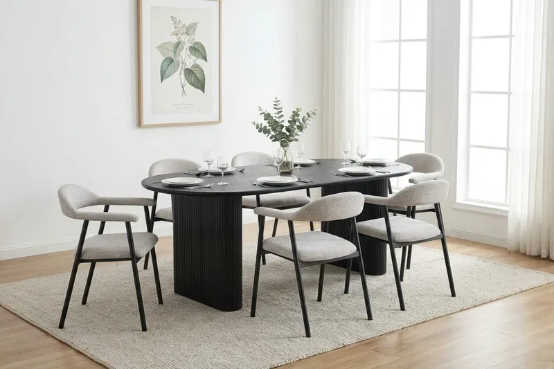 Noira spisegruppe 180 cm rektangulært i svart med 6 Ronja spisestoler - Beige/svart - Møbler - Bord - Spisegrupper