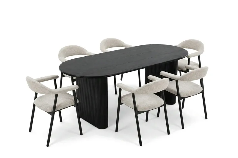 Noira spisegruppe 180 cm rektangulært i svart med 6 Ronja spisestoler, Beige/svart