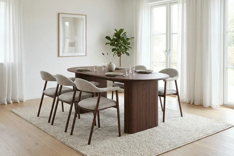 Noira spisegruppe 180 cm rektangulært i valnøtt med 6 Ronja spisestoler - Sand/valnøtt - Møbler - Bord - Spisegrupper