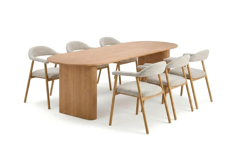 Noira spisegruppe 220–320 cm uttrekkbar i eik med 6 Ronja spisestoler, Eik