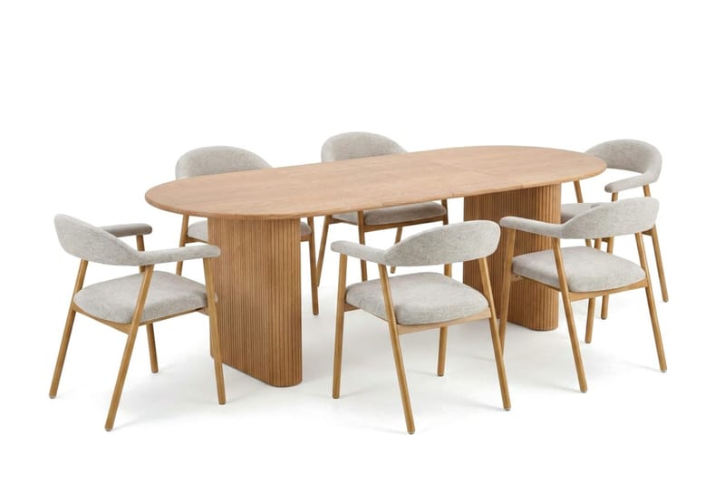 Noira spisegruppe 220–320 cm uttrekkbar i eik med 6 Ronja spisestoler - Sand/eik - Møbler - Bord - Spisegrupper
