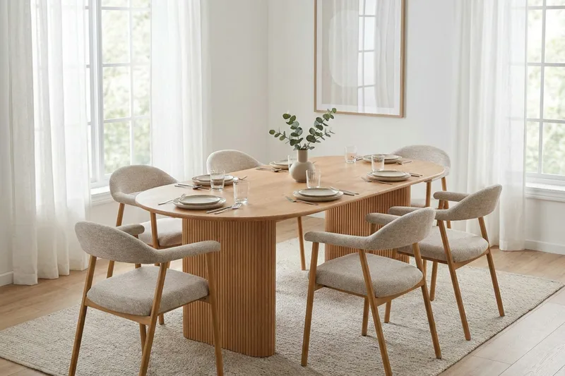 Noira spisegruppe 220–320 cm uttrekkbar i eik med 6 Ronja spisestoler - Sand/eik - Møbler - Bord - Spisegrupper