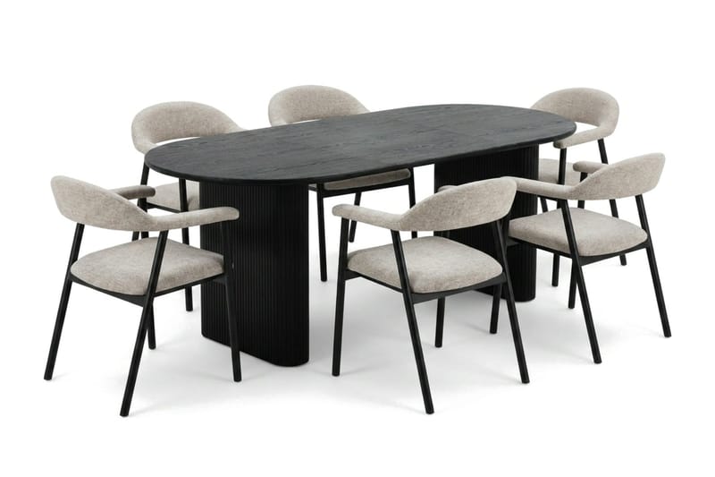 Noira spisegruppe 220–320 cm uttrekkbar i svart med 6 Ronja spisestoler, Beige/svart
