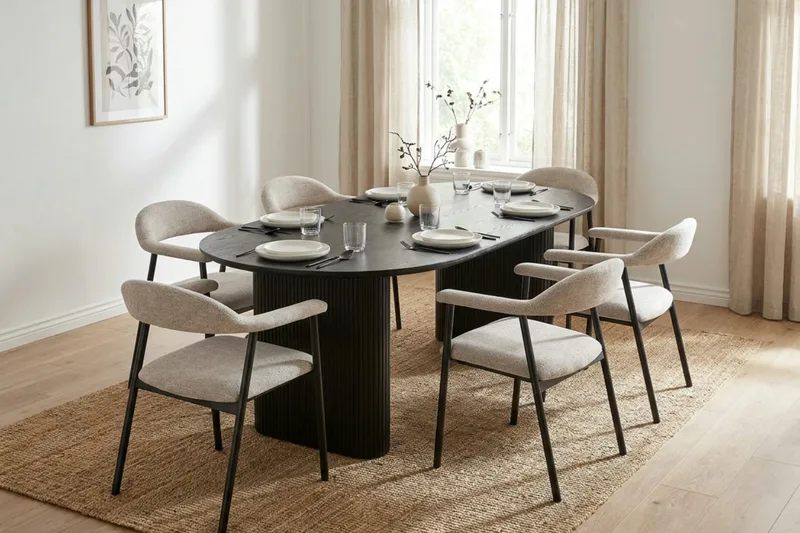 Noira spisegruppe 220–320 cm uttrekkbar i svart med 6 Ronja spisestoler - Beige/svart - Møbler - Bord - Spisegrupper