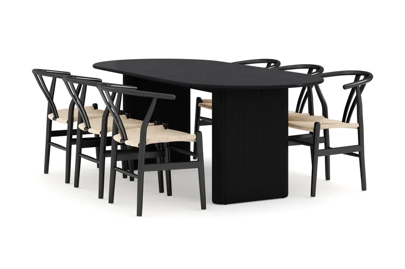Noira Spisegruppe 220 cm Eik med 6 Dastoori Spisestoler, Svart