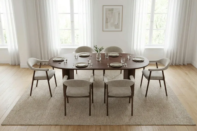 Noira spisegruppe 220 cm rektangulær i valnøtt med 6 Ronja spisestoler - Sand/valnøtt - Møbler - Bord - Spisegrupper