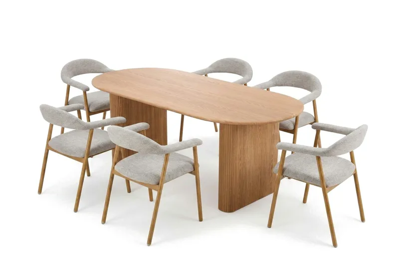 Noira spisegruppe 220 cm rektangulært i eik med 6 Ronja spisestoler, Sand/eik