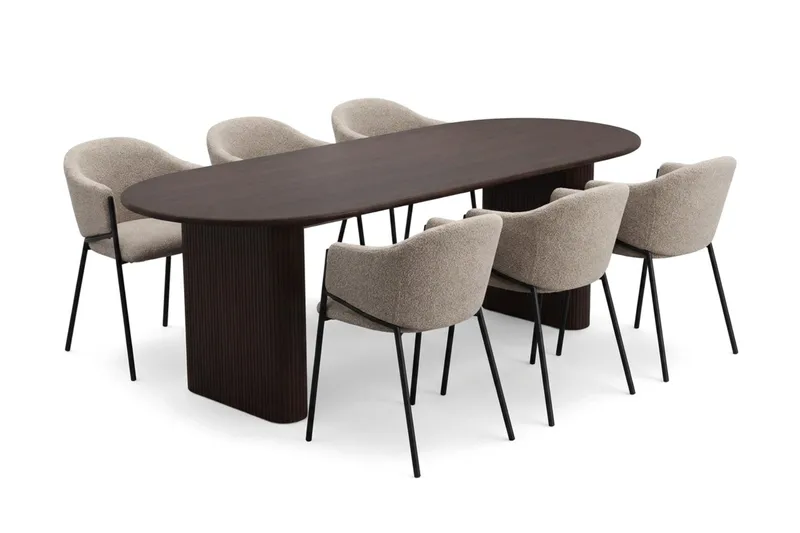 Noira Spisegruppe oval 220 cm med 6 Filip Spisestoler, Røkt eik
