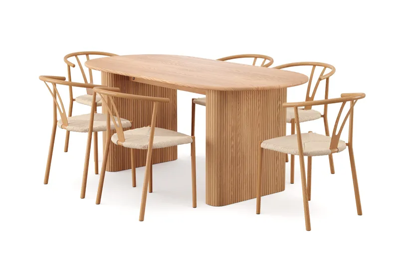 Noira spisegruppe rektangulær 180 cm eik med 6 Elysia spisestoler, Eik