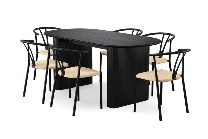 Noira spisegruppe rektangulær 180 cm svart med 6 Elysia spisestoler, Svartbeiset eik