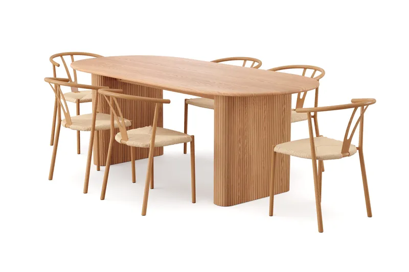 Noira spisegruppe rektangulær 220 cm eik med 6 Elysia spisestoler, Eik