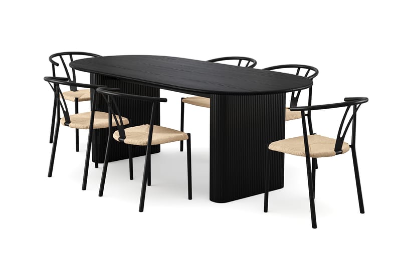 Noira spisegruppe rektangulær 220 cm svart med 6 Elysia spisestoler, Svartbeiset eik