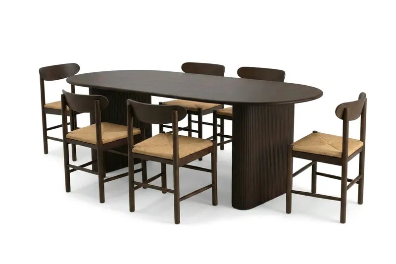 Noira spisegruppe uttrekkbar 160–220 cm røkt eik med 6 Malte spisestoler, undefined