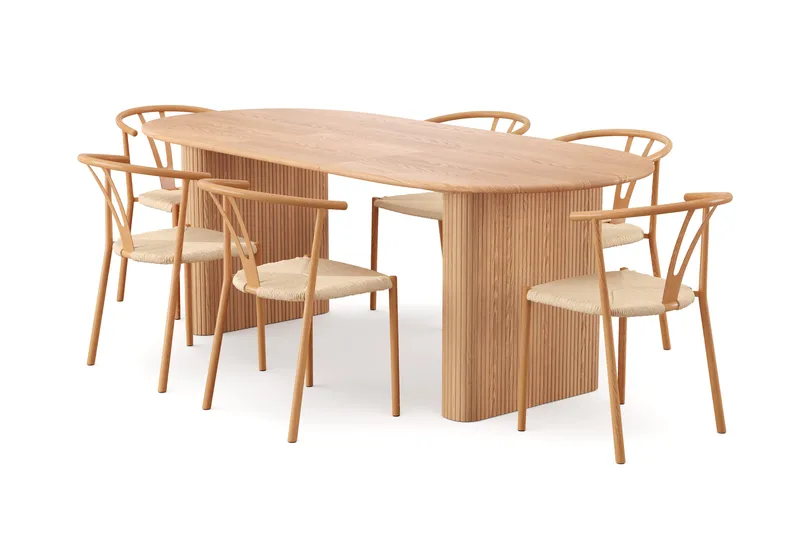 Noira spisegruppe uttrekkbar 160-220 cm eik med 6 Elysia spisestoler, Eik