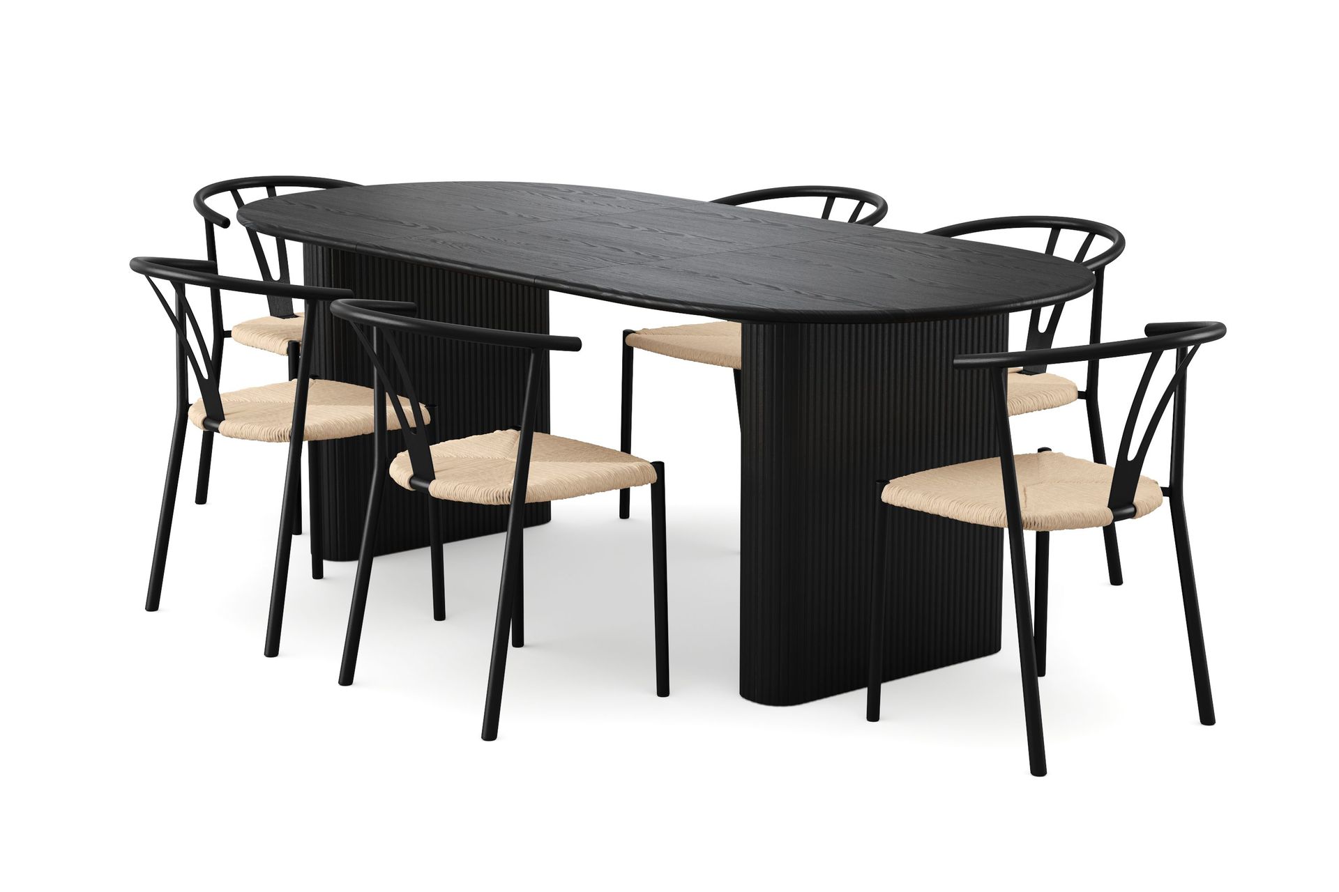 Noira spisegruppe uttrekkbar 160-220 cm svart med 6 Elysia spisestoler - Svartbeiset eik