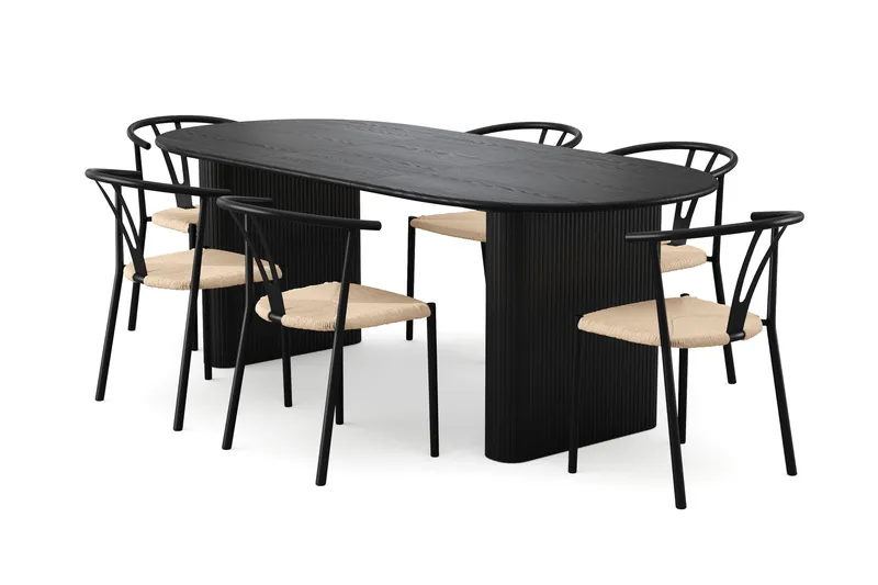Noira spisegruppe uttrekkbar 160-220 cm svart med 6 Elysia spisestoler, Svartbeiset eik