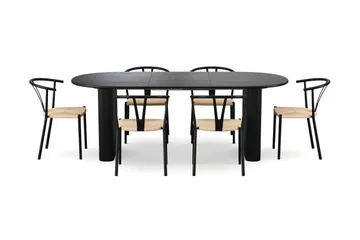 Noira spisegruppe uttrekkbar 160-220 cm svart med 6 Elysia spisestoler - Svartbeiset eik - Møbler - Bord - Spisegrupper