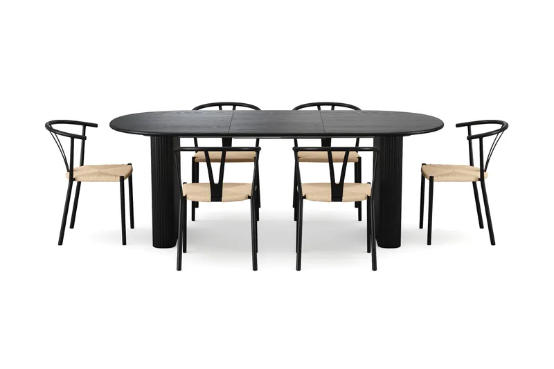 Noira spisegruppe uttrekkbar 160-220 cm svart med 6 Elysia spisestoler - Svartbeiset eik - Møbler - Bord - Spisegrupper