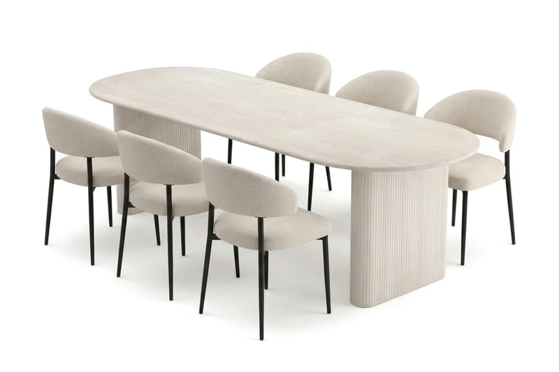 Noira spisegruppe uttrekkbar 220–320 cm hvitlasert med 6 Sawako spisestoler, Hvitbeiset eik