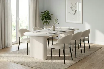 Noira spisegruppe uttrekkbar 220–320 cm hvitlasert med 6 Sawako spisestoler - Hvitbeiset eik - Møbler - Bord - Spisegrupper