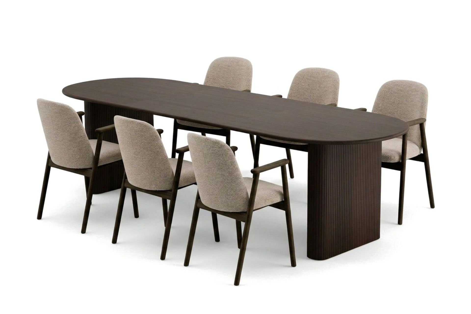 Noira spisegruppe uttrekkbar 220–320 cm røkt eik med 6 Reciclar spisestoler - Røkt eik