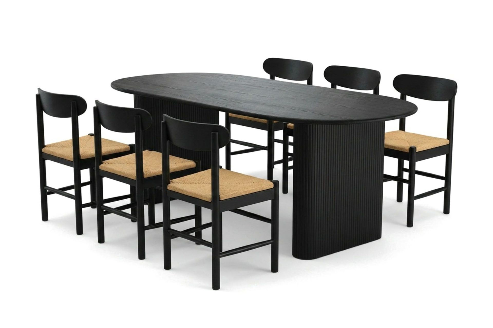 Noira spisegruppe uttrekkbar 220–320 cm svart med 6 Malte spisestoler -