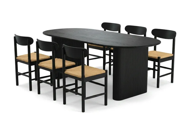 Noira spisegruppe uttrekkbar 220–320 cm svart med 6 Malte spisestoler, undefined