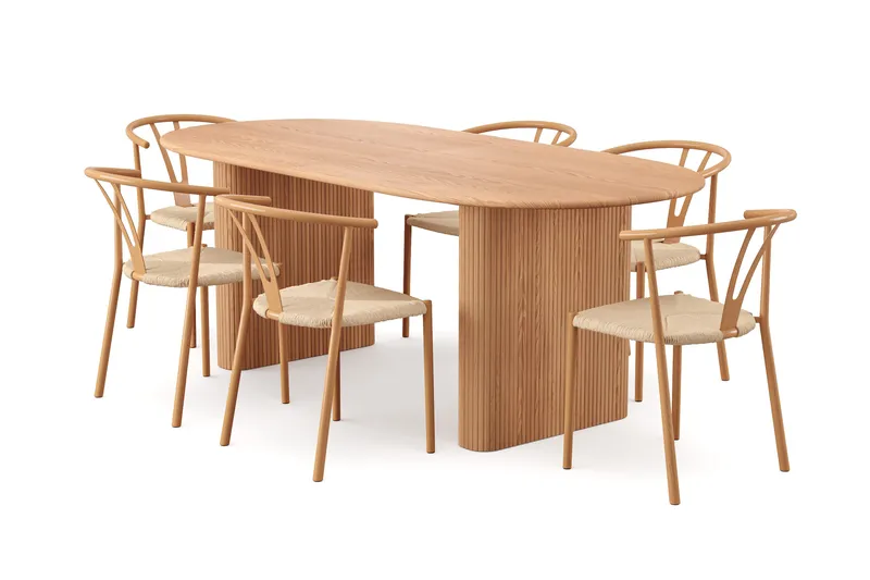 Noira spisegruppe uttrekkbar 220-320 cm eik med 6 Elysia spisestoler, Eik