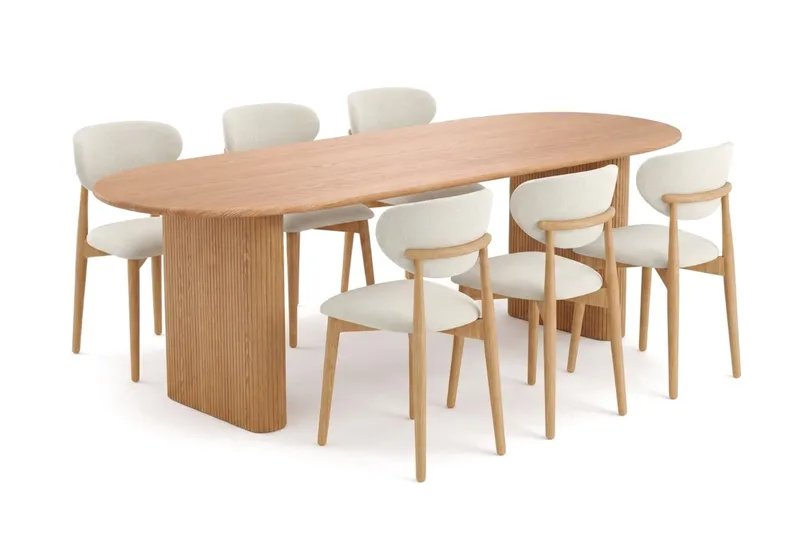 Noira spisegruppe uttrekkbar 220-320 cm eik med 6 Molly spisestoler, Eik