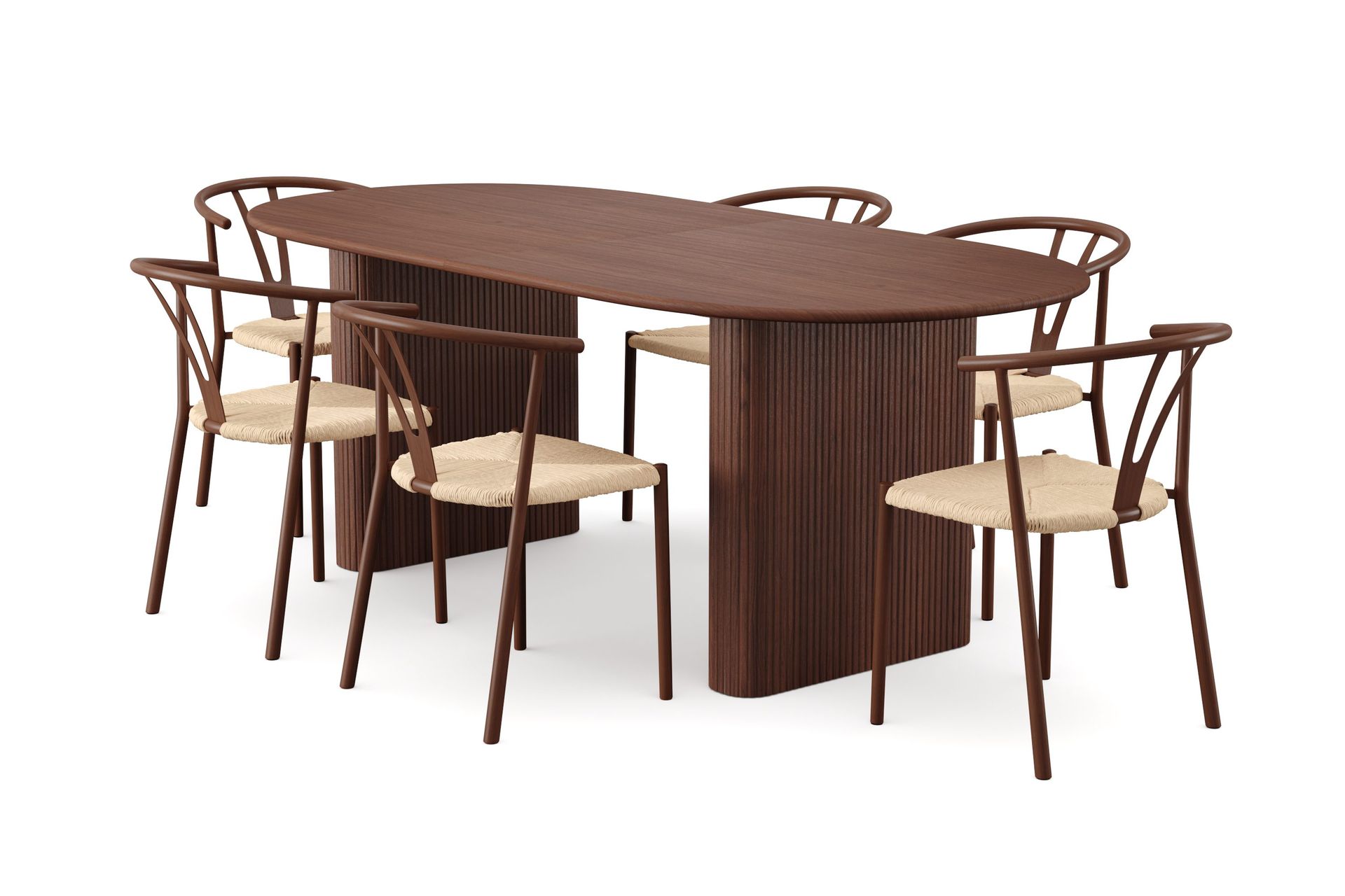Noira spisegruppe uttrekkbar 220-320 cm valnøtt med 6 Elysia spisestoler - Valnøtt
