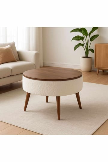 Noya Rundt Salongbord med Oppbevaring 60 cm i Bouclé - Offwhite - Møbler - Bord - Sofabord