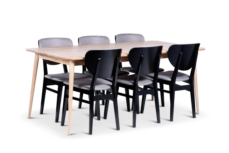 Odense Spisegruppe 180 cm med 6 Borgholm Stoler i heltre, Natur/Svart